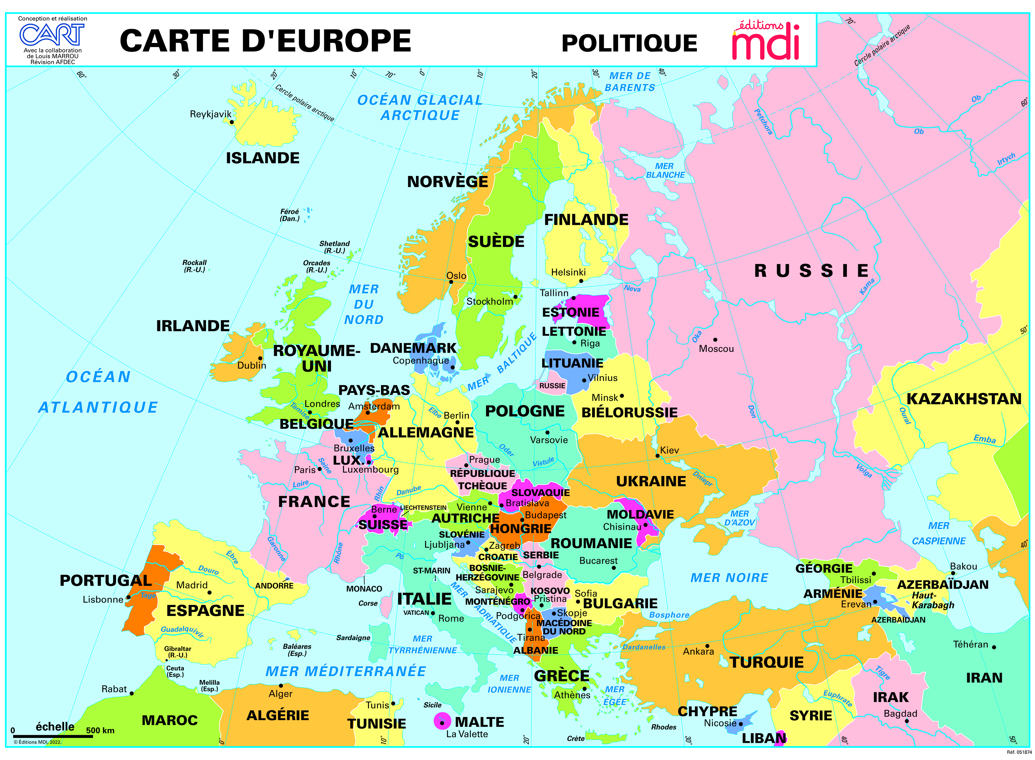 Carte murale L'Europe Relief - L'Europe politique Nouvelle édition